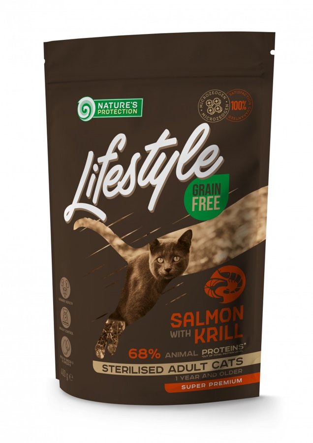 Natures Protection Lifestyle Grain Free Salmon ar lasi un krila eļļu. Pieaugušiem sterilizētiem kaķiem. 1.5 kg