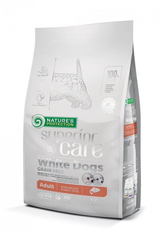 Natures Protection Superior Care White Dogs Grain free Salmon/ gaišo šķirņu suņiem ar Lasi visām mazām un pavisam mazām šķirnēm (1.5 kg, 10 kg un 17 kg)